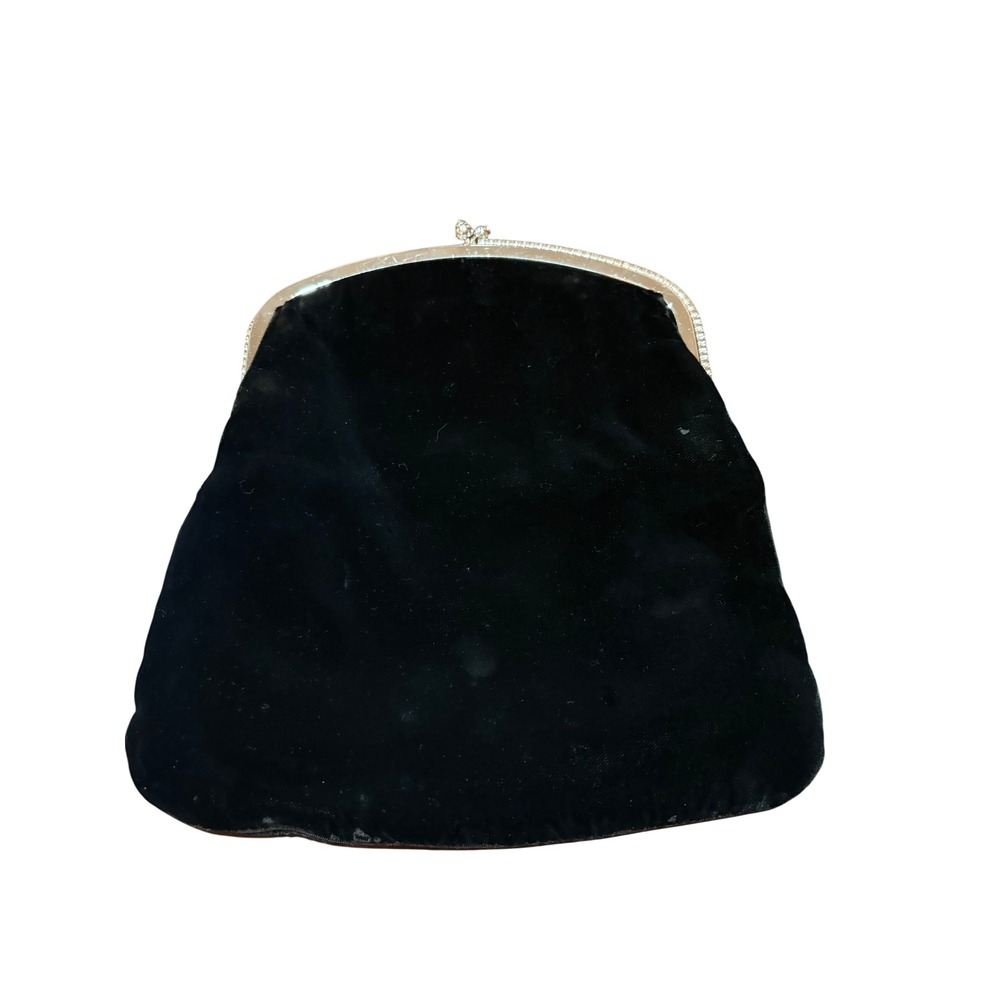 Vintage Tally-Ho Black Velvet Rhinestone Frame Clutch Evening Bag Kiss Lock